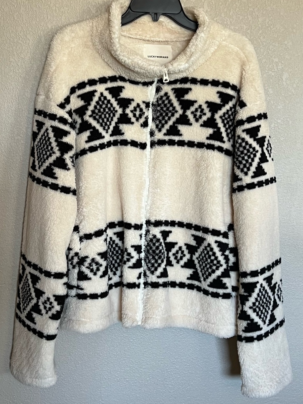 Lucky Brand Cream & Black Aztec Faux Sherpa Zip Jacket